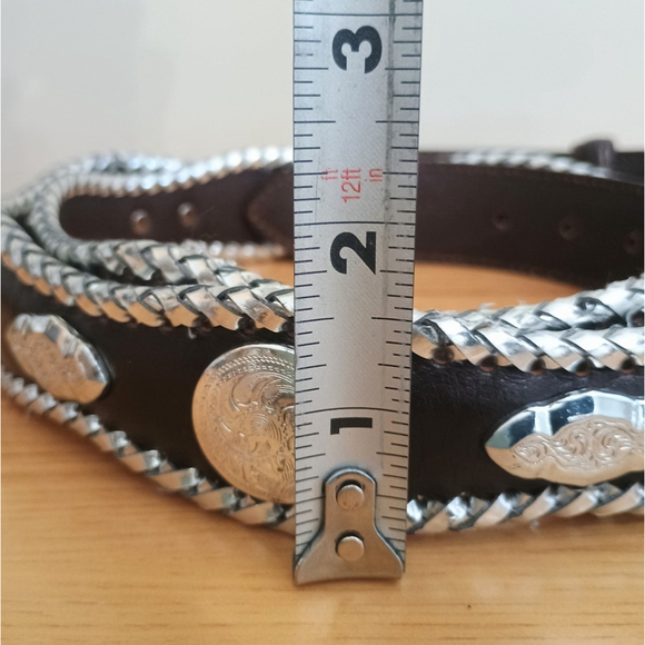 Western Brown Leather Scalloped Belt W/ Silver Conchos Braided Edge Mens 46 - Picture 10 of 10